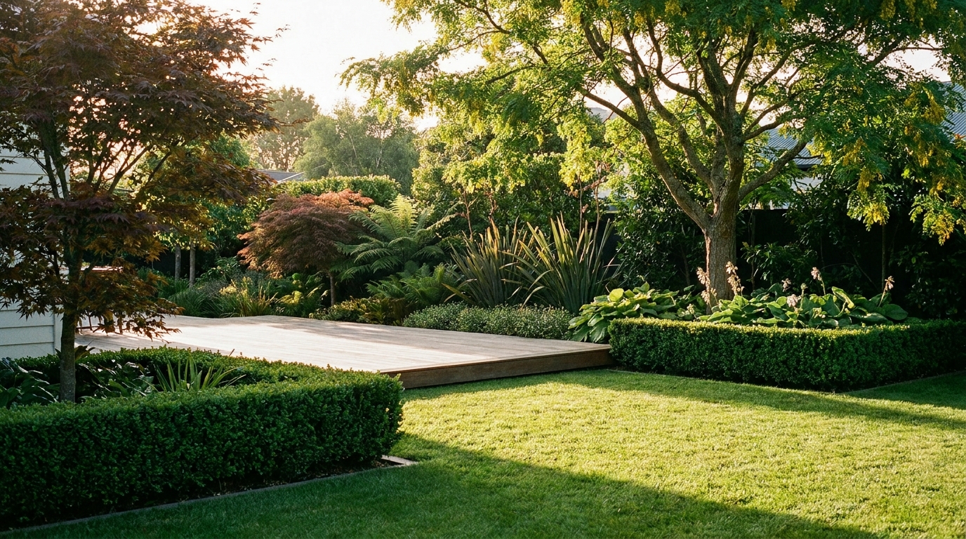Maintained garden with lawn and deck