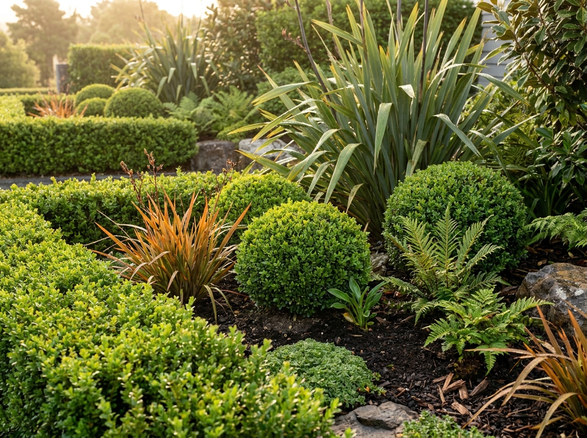 Layered planting and clipped hedging