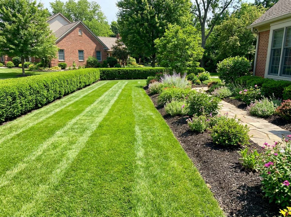 Freshly mown lawn with hedge edge